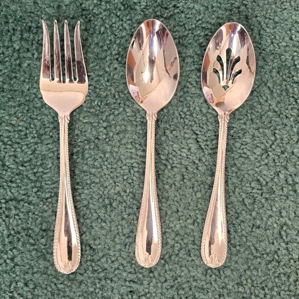 Lenox Tudor Bead Serving 3pc‎ set Fork Spoon Pierced Spoon 18/10 Stainless Steel